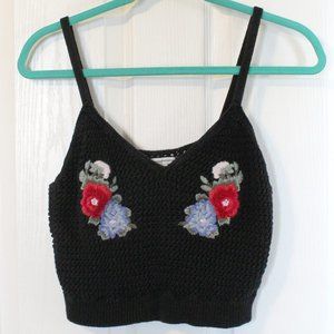 AEO Black Crochet Crop Top w/ Floral Embroidery
